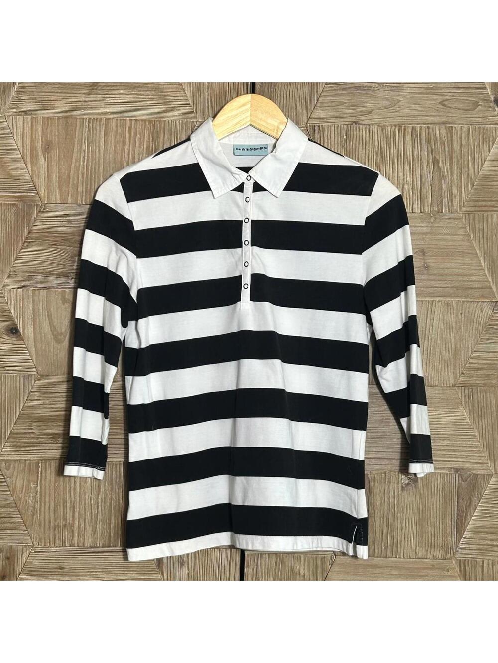 Marsh Landing Women Black And White Striped Polo Shirt Size PS Classic